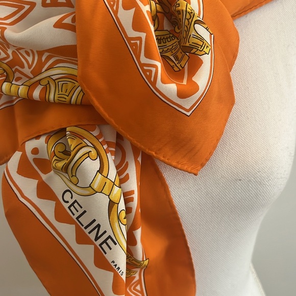 Celine Elegant Orange Silk Scarf  34”x34” - Picture 11 of 11